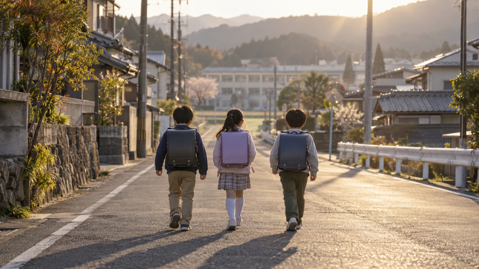 朝の地方都市の通学路を、ランドセルを背負った小学生数人が並んで歩く後ろ姿を写したイメージ写真