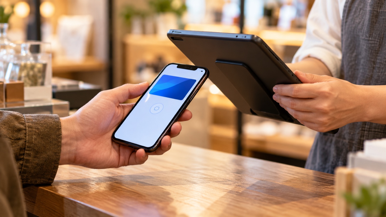 店舗のカウンターで、客の手にあるスマートフォンを店員の手元のタブレットで読み取っている様子のイメージ写真